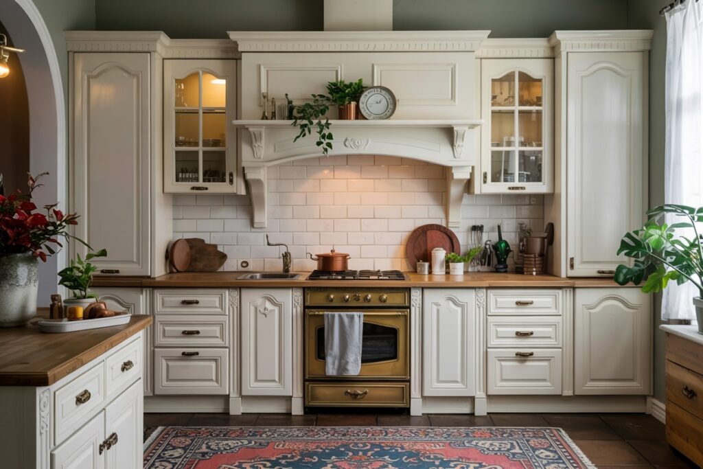 Beautifully designed vintage kitchen with white cabinetry, a golden gas stove, and a wooden countertop. Features include decorative shelving, a tiled backsplash, and potted plants, creating a warm and inviting atmosphere.