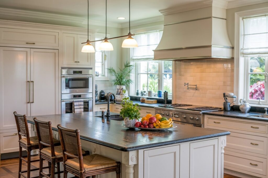 Modern kitchen interior featuring a large island with a fruit bowl, contemporary appliances, and natural light from large windows. The aesthetic includes white cabinetry, stainless steel appliances, and stylish pendant lighting, creating a bright and inviting cooking space.