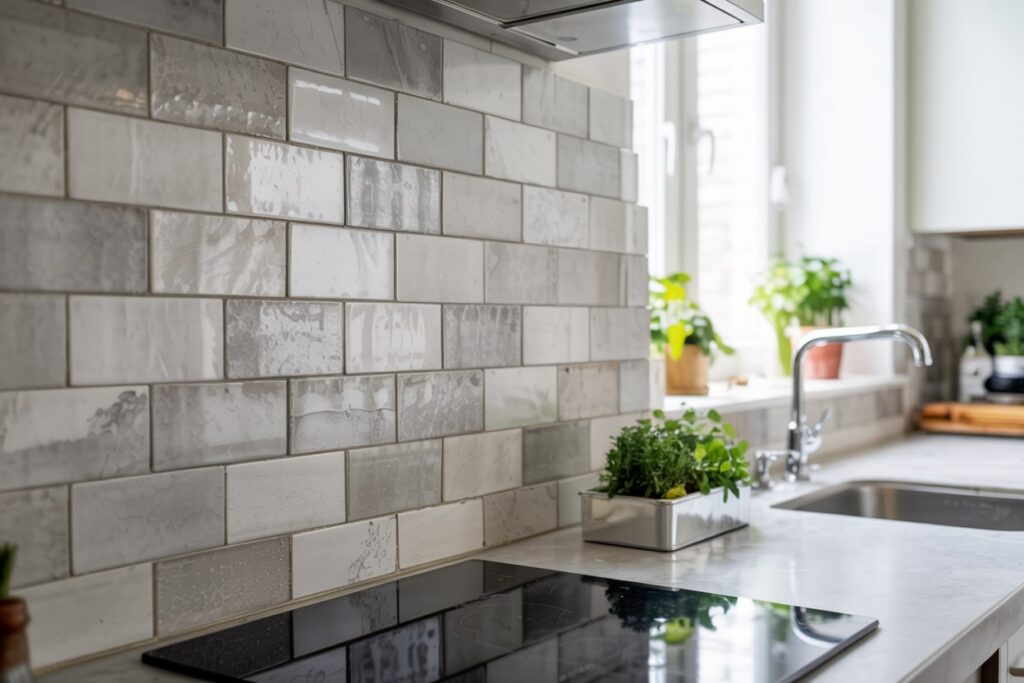 Modern kitchen interior featuring a stylish backsplash of gray and white tiled bricks, complemented by a sleek countertop and kitchen plants, emphasizing a blend of functionality and aesthetics.