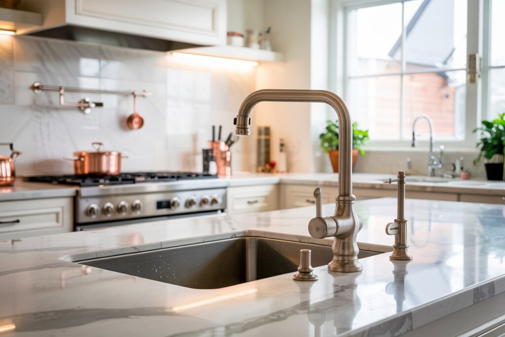 Modern kitchen sink with a stylish faucet and polished marble countertop, featuring stainless steel details and copper cookware in the background. Bright natural light floods the space through large windows, highlighting the contemporary design and green plants.