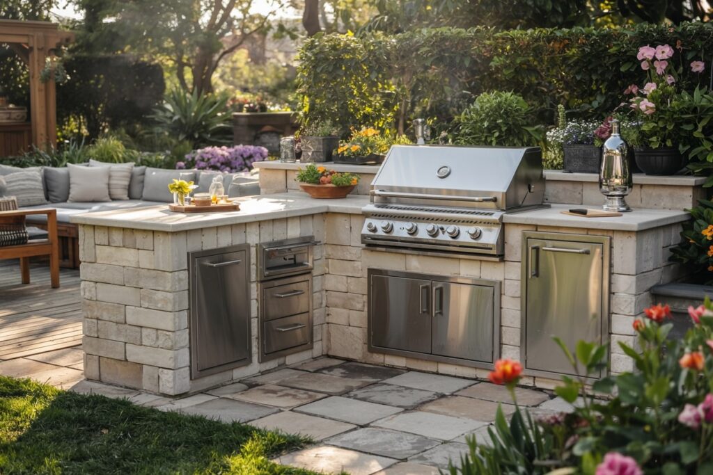 Modern outdoor kitchen featuring a stainless steel grill, stone countertop, and ample storage units. Surrounded by vibrant flowers and lush greenery, this inviting space is perfect for outdoor cooking and entertaining. Cozy seating area visible in the background.