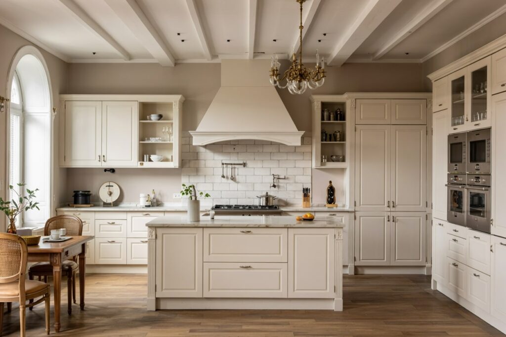 Modern kitchen with cream-colored cabinetry, a large kitchen island, and stainless steel appliances, featuring a stylish range hood, wood flooring, and a dining table set for two with decorative plants.