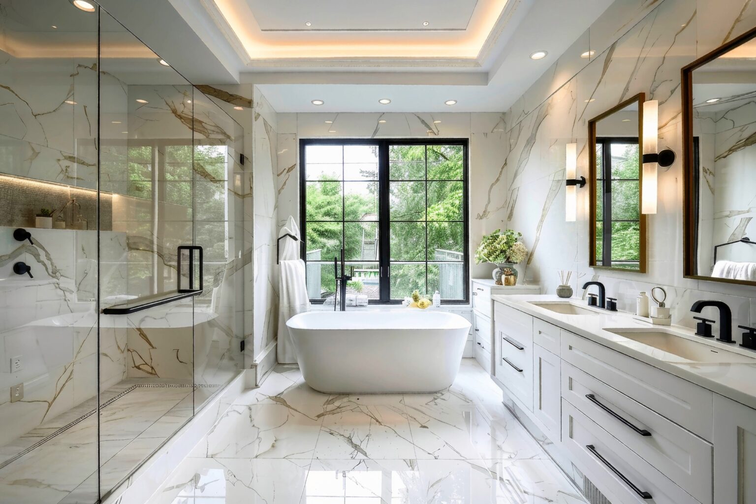 Spacious modern bathroom featuring marble walls and floors, a freestanding soaking tub, dual vanity sinks, and a large glass shower. Natural light floods the space through black-framed windows, complemented by elegant decor including fresh flowers and stylish fixtures. Perfect for a luxurious retreat.