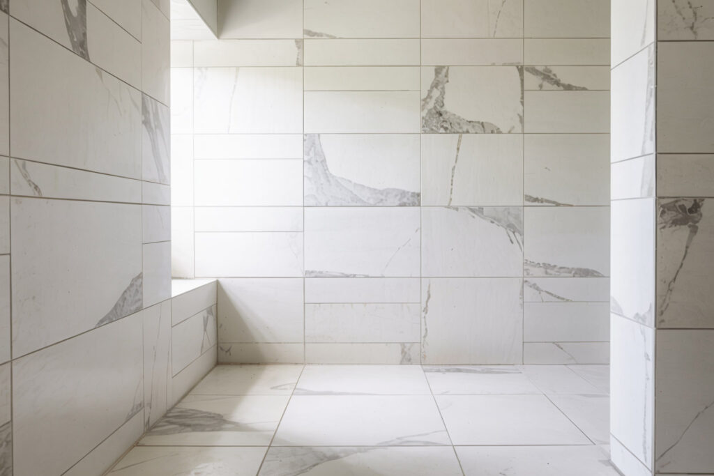 Modern bathroom interior featuring sleek white marble tiles with subtle gray veining. The minimalist design highlights spaciousness and natural light, creating an elegant and serene atmosphere. Ideal for showcasing contemporary home decor and interior design inspiration.