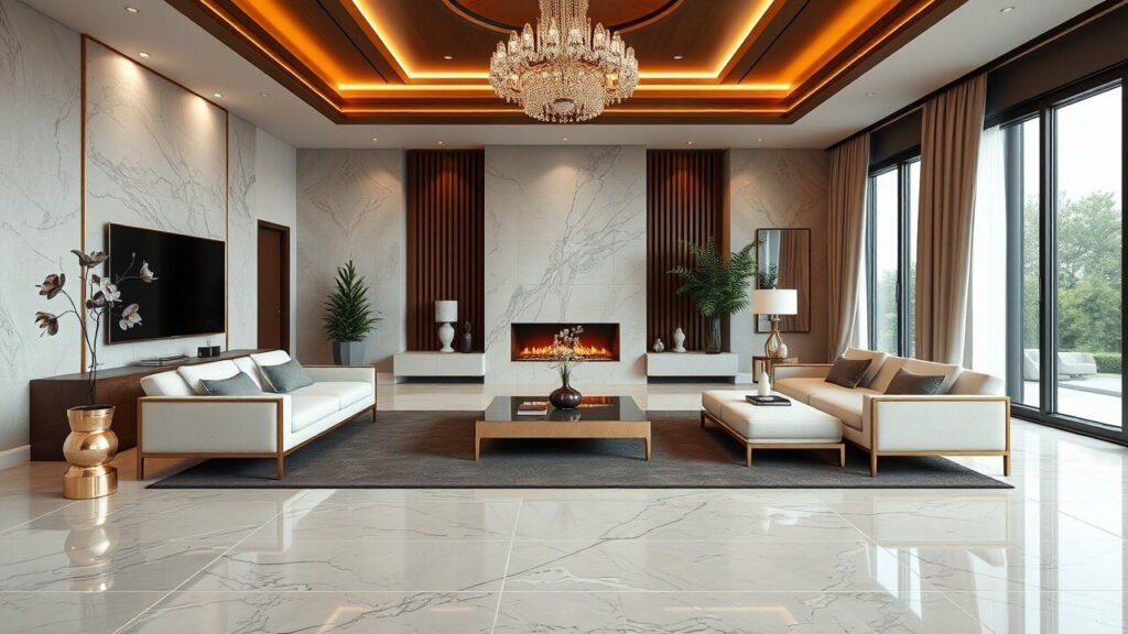 Modern living room featuring elegant marble flooring, contemporary furniture with gold accents, a stylish chandelier, and a cozy fireplace. Large windows allow natural light to brighten the space, complemented by lush indoor plants and sophisticated decor elements.