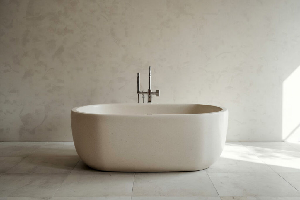 Modern freestanding bathtub in a minimalist bathroom setting with a light-colored wall and natural lighting, emphasizing a spacious and serene atmosphere.