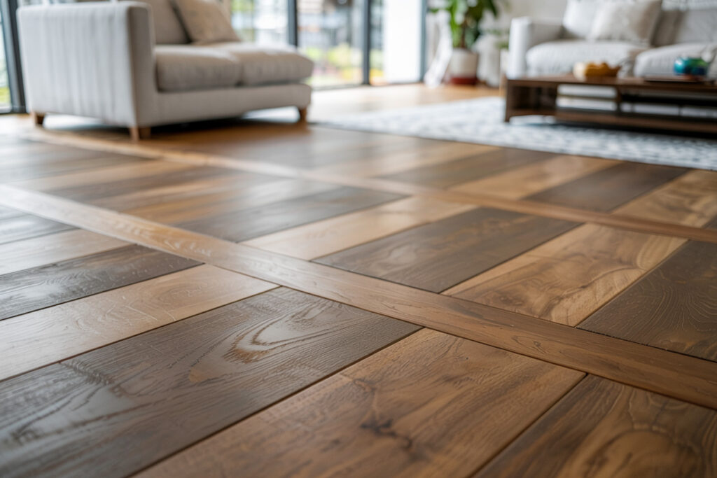 Close-up view of stylish wooden flooring featuring alternating dark and light planks, with a modern living room setting in the background. The design enhances the natural beauty of the wood, complementing the contemporary furniture. Ideal for interior design inspiration.