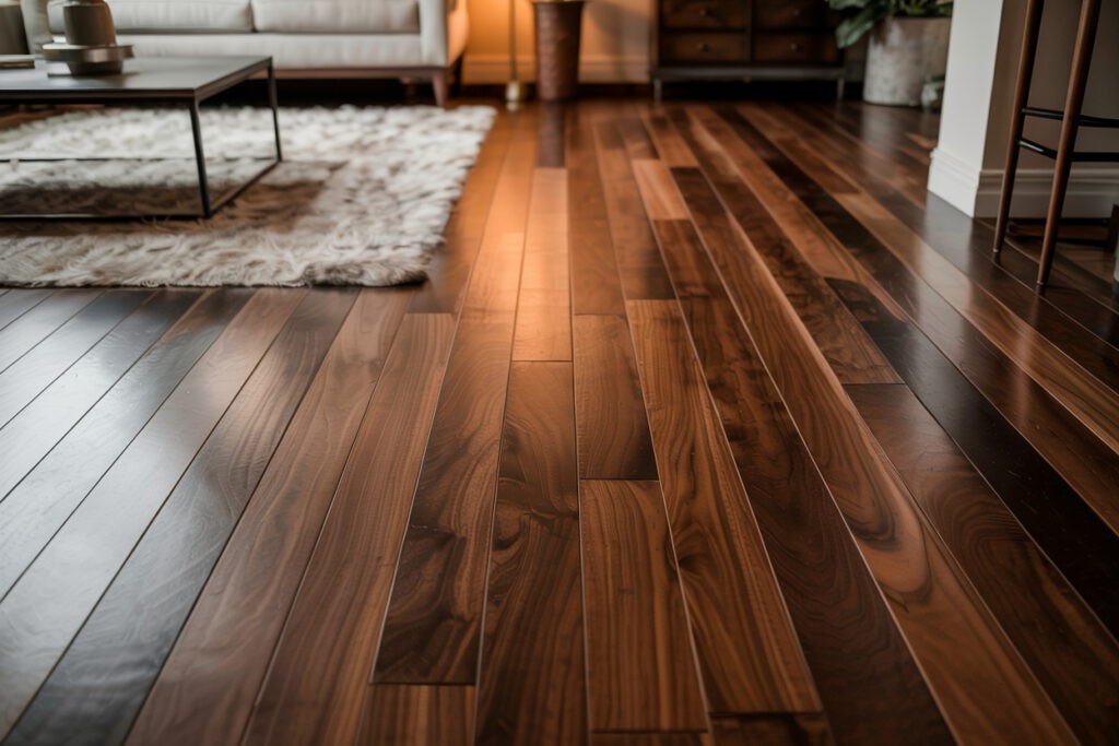 Close-up view of rich, dark hardwood flooring in a modern living room, featuring a soft area rug, a stylish coffee table, and a cozy sofa. The warm tones and polished finish enhance the inviting atmosphere of the room.