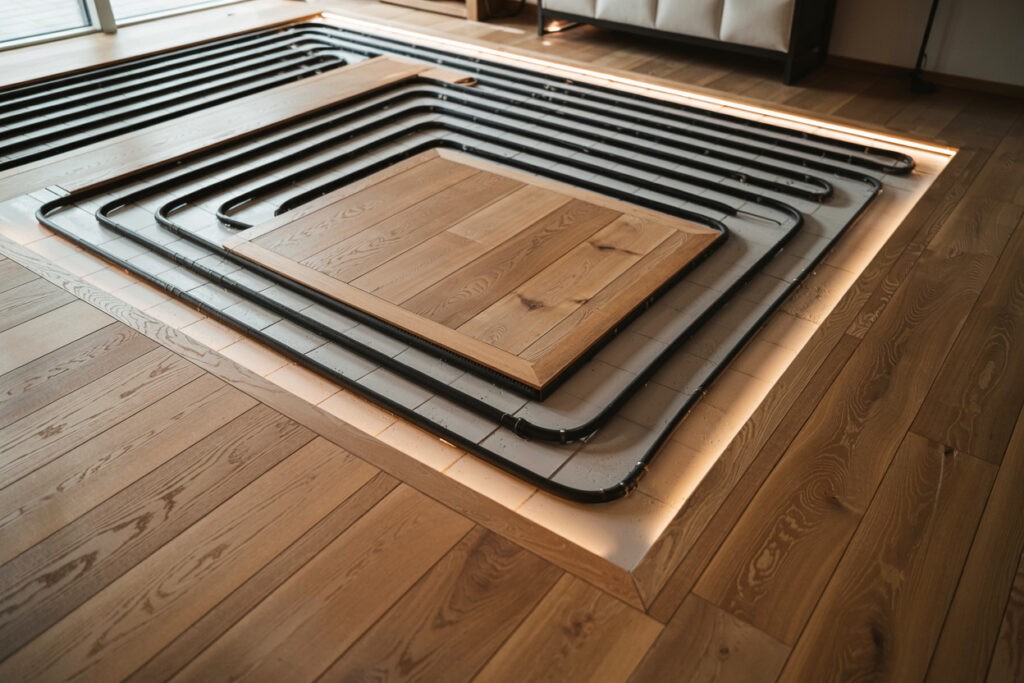 Modern interior featuring a heated floor system with black tubing arranged in a geometric pattern, complemented by wooden floor planks and ambient lighting. Ideal for showcasing innovative home heating solutions and contemporary design.