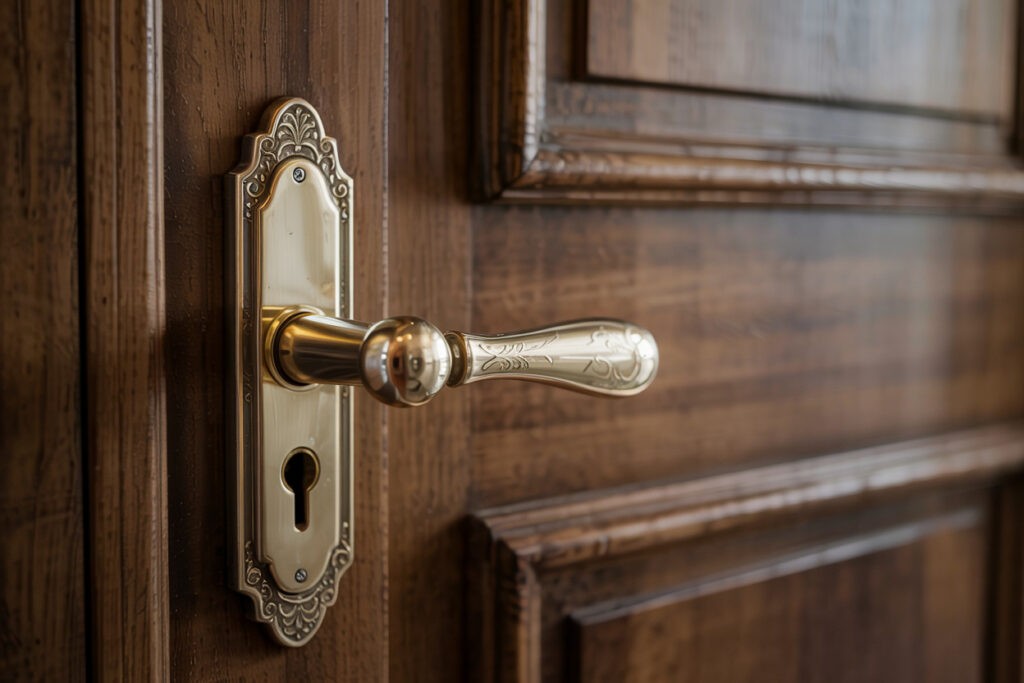 Close-up of an ornate brass door handle and keyhole on a wooden door, showcasing intricate designs and a polished finish, ideal for interior decor and design inspiration.