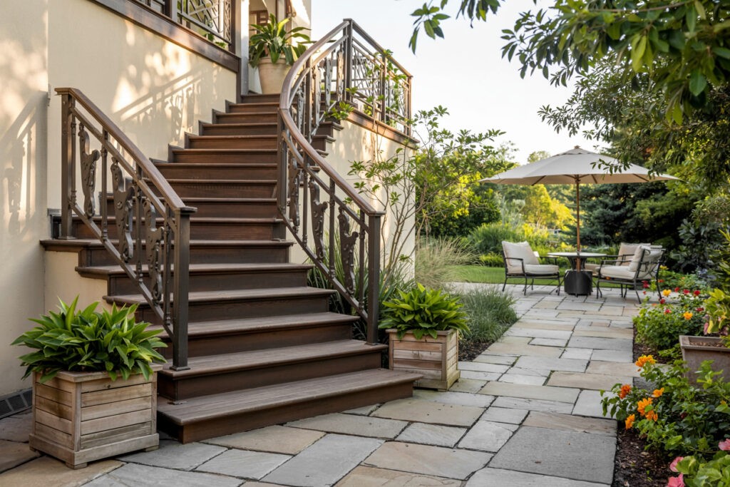 Elegant outdoor staircase with a decorative railing, flanked by potted plants, leading to a lush garden area with a patio featuring a shaded seating arrangement and vibrant flower beds.