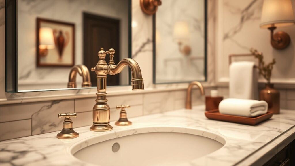 Elegant bathroom sink featuring a luxurious gold faucet and matching fixtures, set on a pristine marble countertop. The scene includes neatly arranged towels and decorative elements, enhancing the sophisticated ambiance.