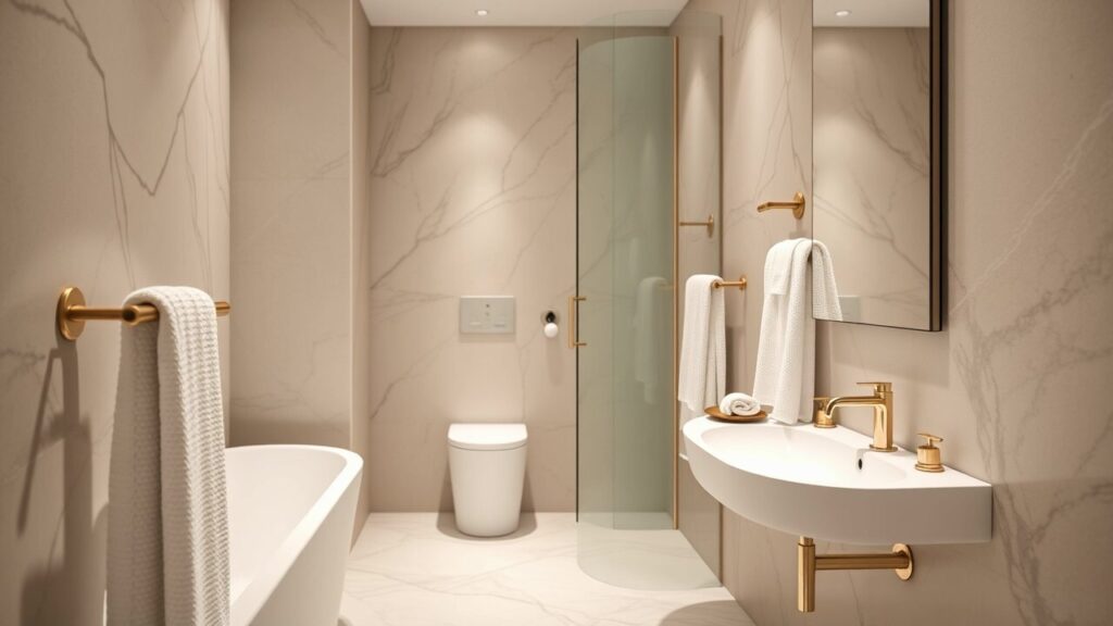 Modern bathroom featuring elegant marble walls, a sleek shower with glass enclosure, a stylish freestanding bathtub, and a contemporary sink with gold accents. The space is illuminated with soft lighting and includes neatly arranged towels on gold hangers, creating a luxurious atmosphere.