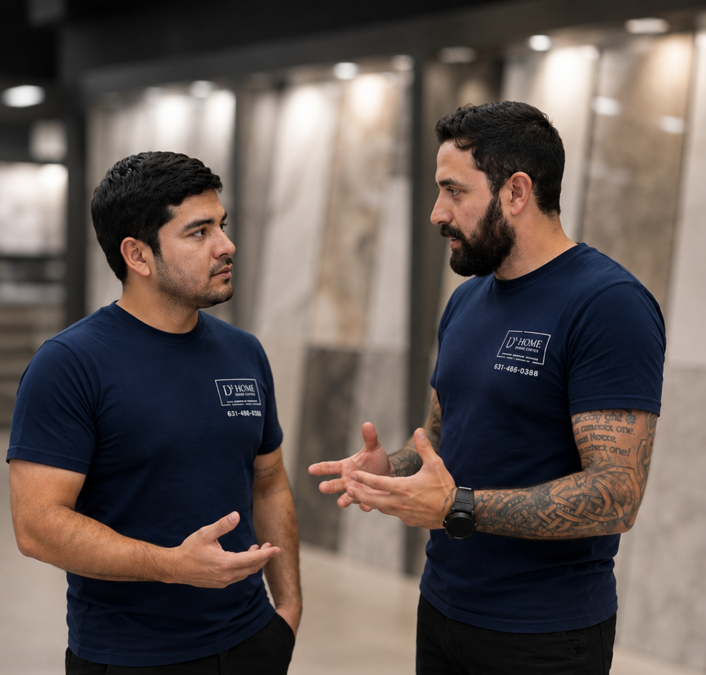D&V Home Design Center team members discussing a project in the tile showroom